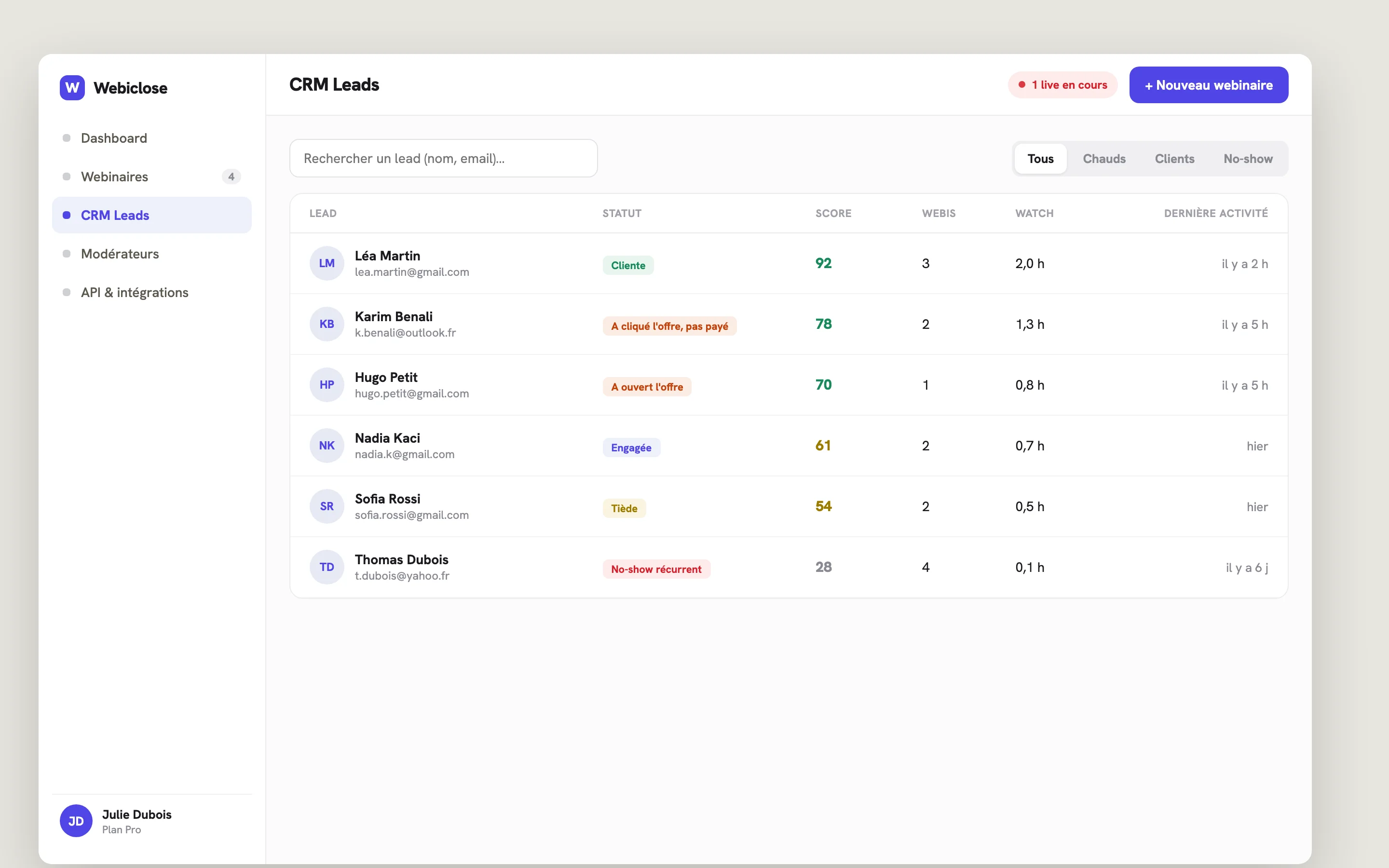 CRM WebiClose : chaque lead avec score, statut et historique, RDV et ventes suivis