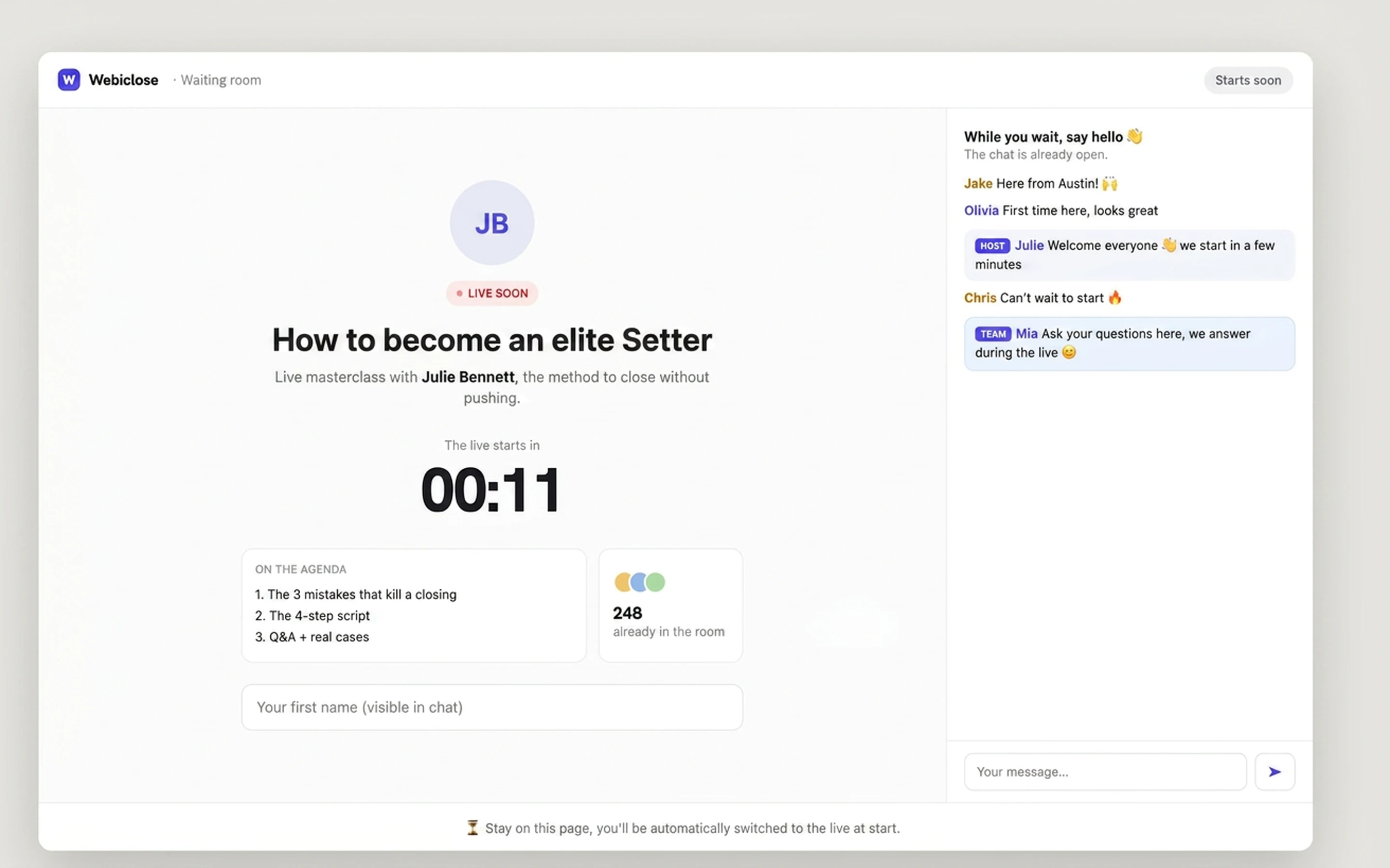 Attendee waiting room: countdown, agenda, chat already open